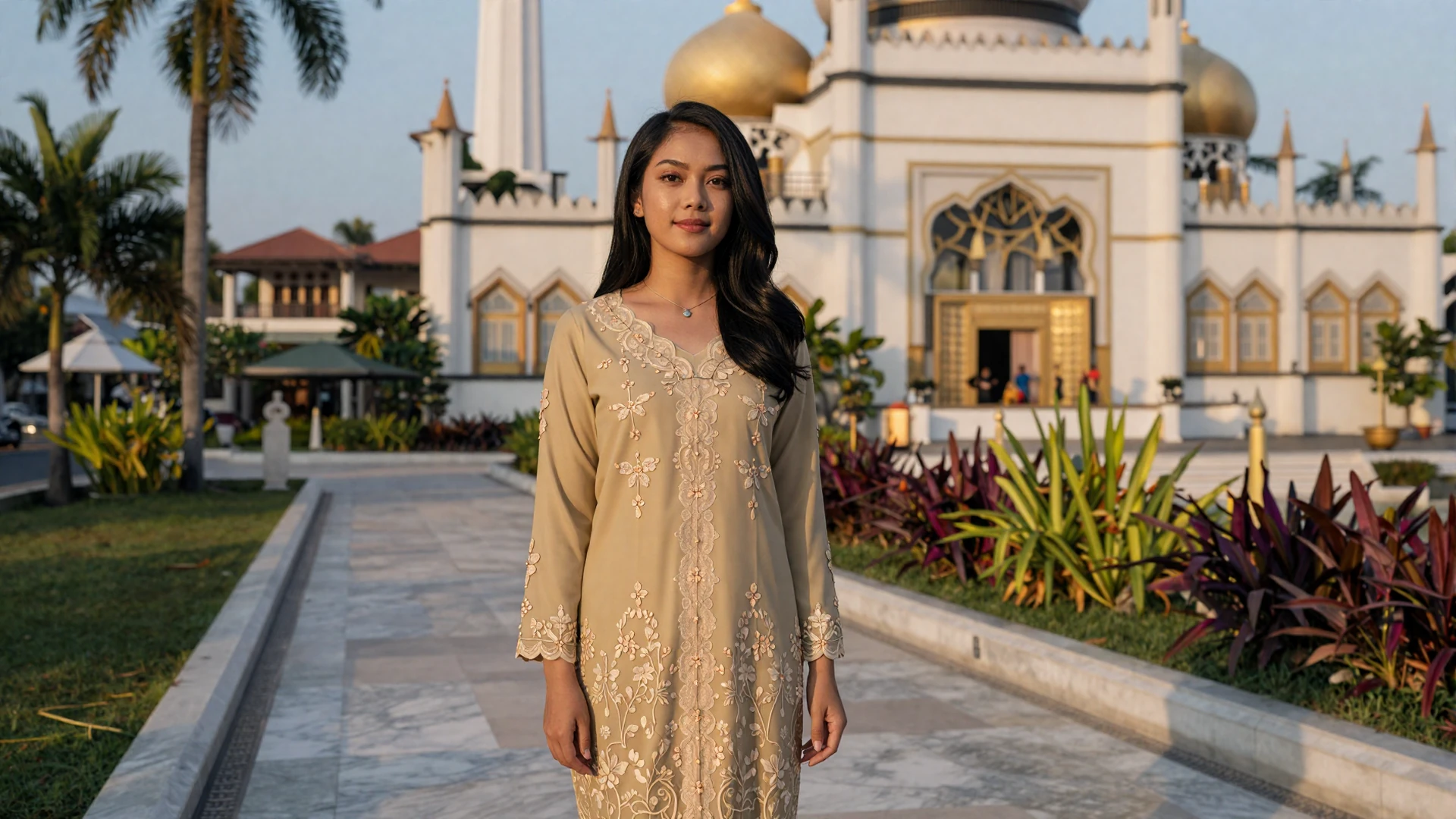 Elegant Bruneian woman in gold baju kurung near a mosque in Bandar Seri Begawan for Bruneian women dating on LoveZoneTip