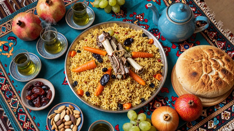 Traditional Uzbek dastarkhan spread with plov bread tea and fruits representing Uzbek dating traditions and hospitality