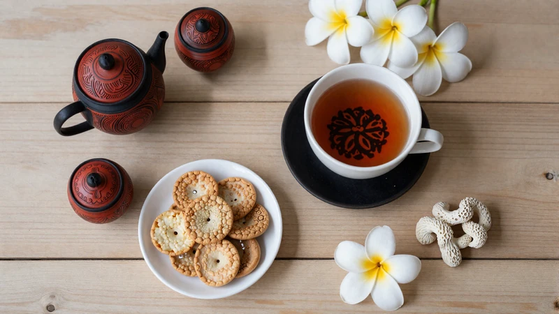 Maldivian cultural items including lacquer crafts tea hedhikaa snacks and frangipani representing Maldivian dating traditions