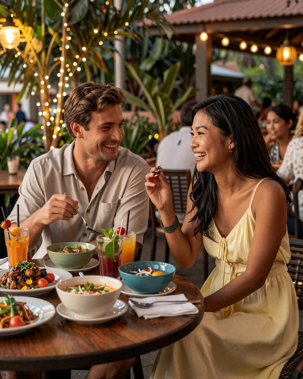 Western man and Cambodian woman sharing a meal at outdoor restaurant representing successful Cambodian women dating connection