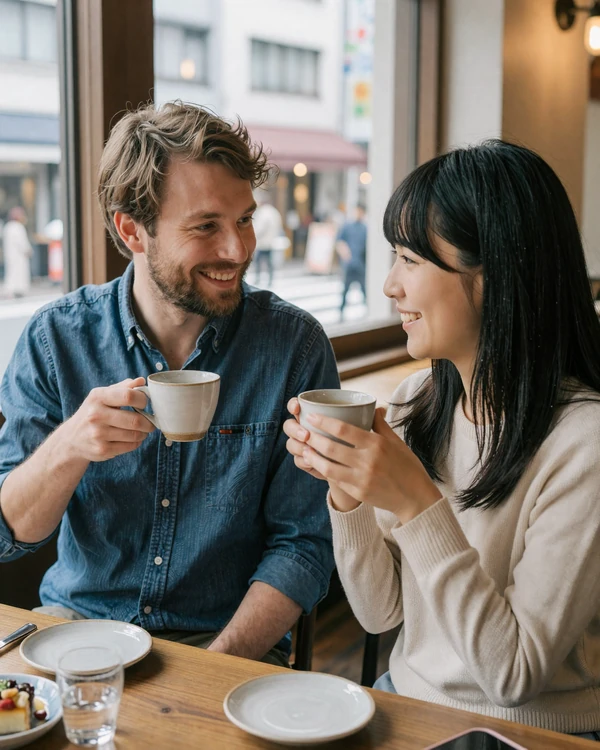 Western man and Japanese woman enjoying tea together at a Tokyo cafe representing successful Japanese women dating