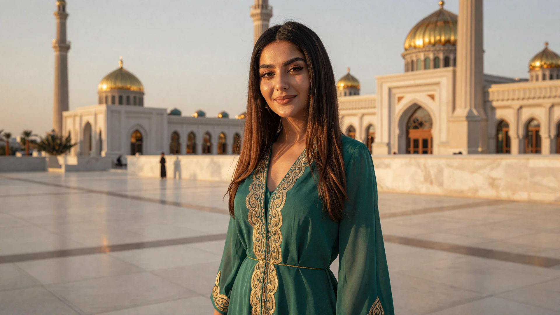 Elegant Turkmen woman smiling on a marble promenade in Ashgabat for Turkmen women dating on LoveZoneTip