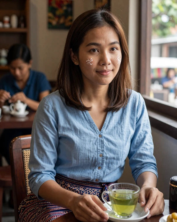 Young Burmese woman enjoying tea at a traditional Myanmar tea shop representing Burmese women dating culture