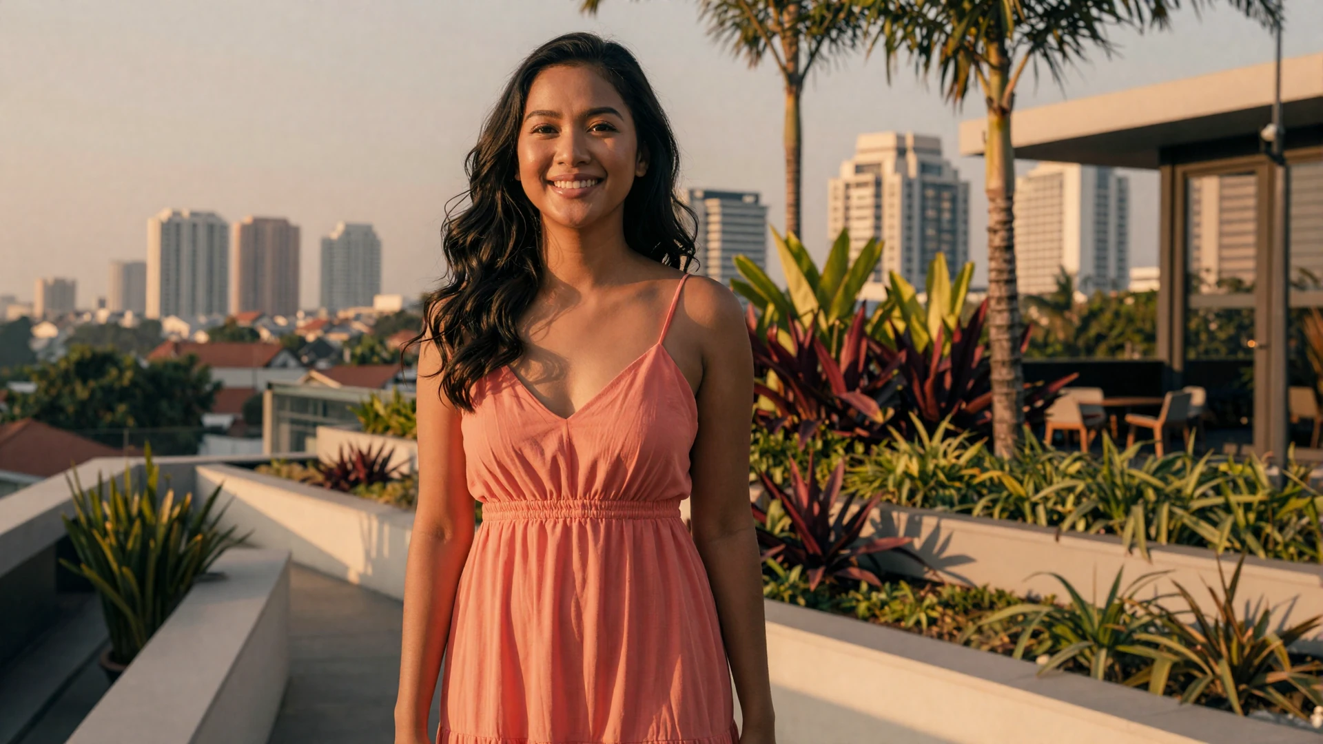 Beautiful Indonesian woman smiling on a modern terrace in Jakarta for Indonesian women dating