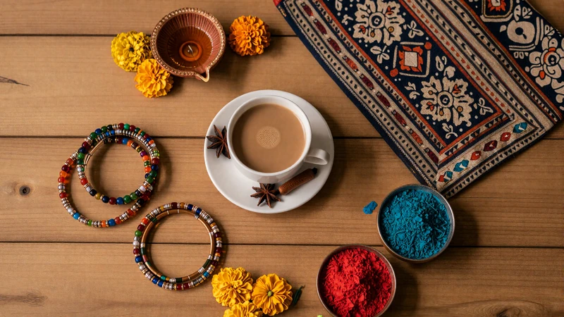 Indian cultural items including bangles chai diya lamp and marigold flowers representing Indian dating traditions
