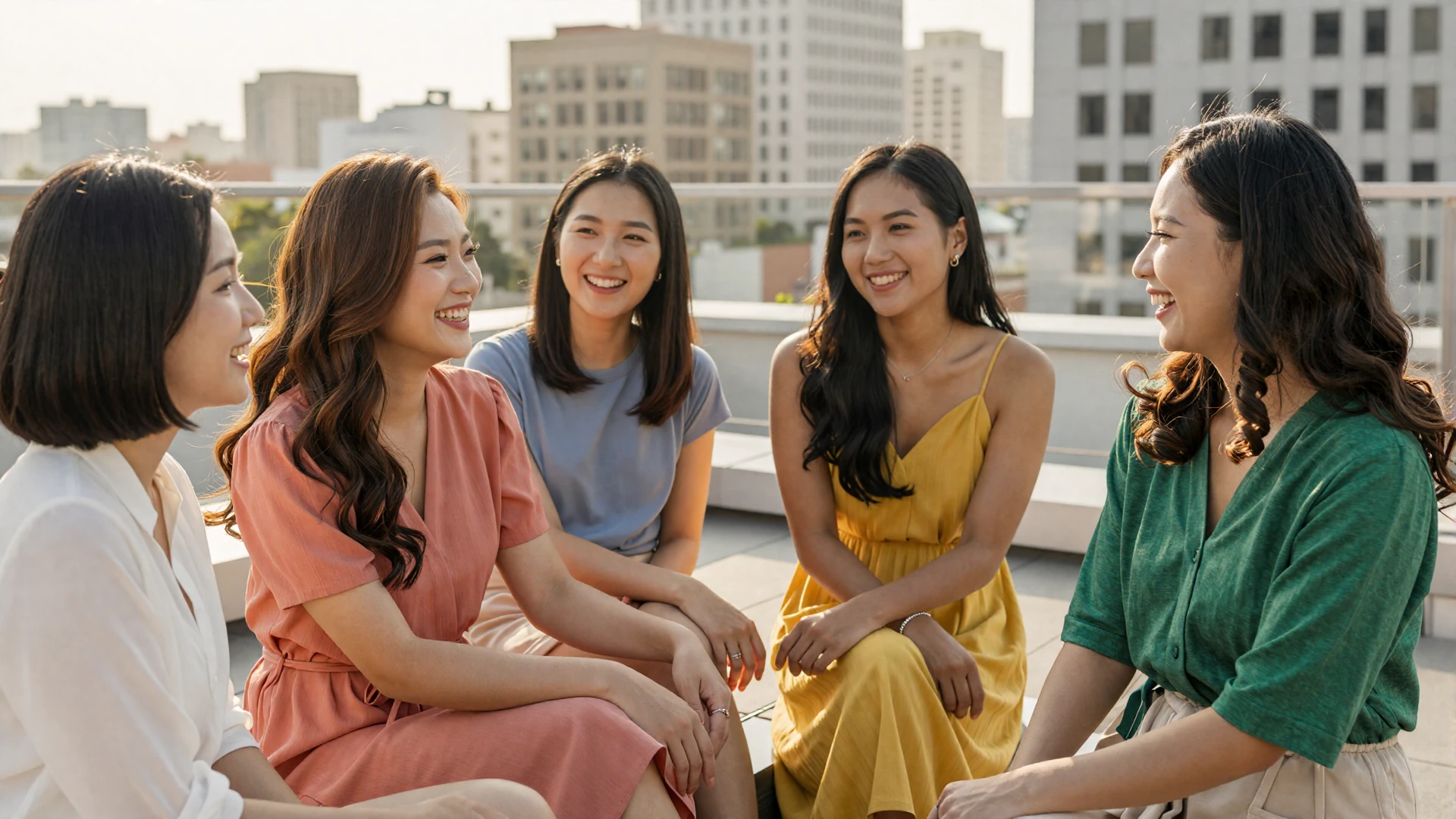 Diverse group of beautiful Asian women smiling on a sunlit rooftop terrace
