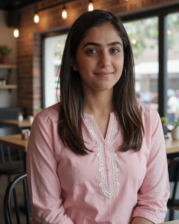 Pakistani woman in a cozy cafe in Lahore wearing traditional kurta for Pakistan dating