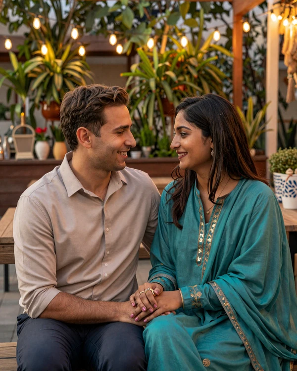 Western man and Pakistani woman holding hands at cafe representing successful Pakistani women dating