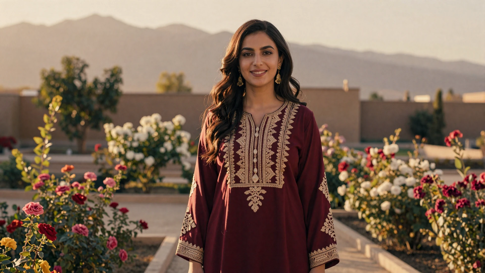 Elegant Afghan woman smiling in a garden setting for Afghan women dating on LoveZoneTip