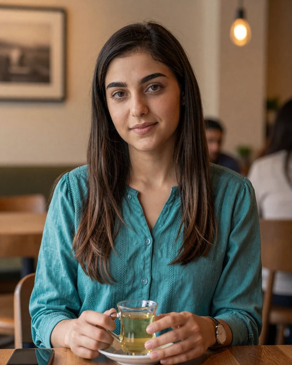 Afghan woman enjoying tea at a cozy cafe representing Afghan women dating culture