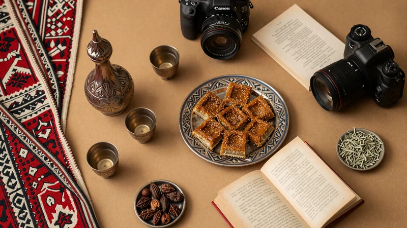 Traditional Jordanian cultural items including Arabic coffee dallah knafeh dessert and embroidered textiles representing Jordanian dating traditions