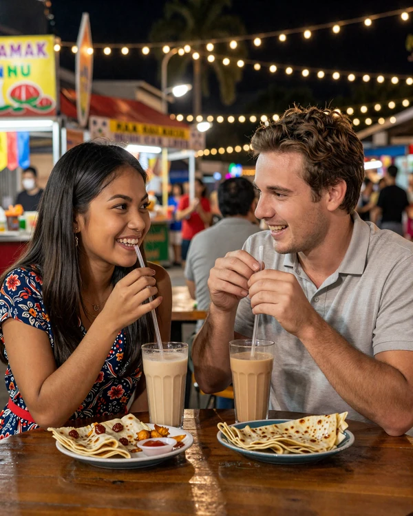 Western man and Malaysian woman sharing a meal at a KL mamak stall representing successful Malaysian women dating