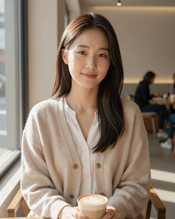 Korean woman smiling in a stylish Seoul cafe wearing casual beige cardigan for Korean women dating