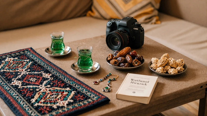 Traditional Afghan cultural items including green tea embroidered fabric Rumi poetry book and dried fruits representing Afghan dating traditions