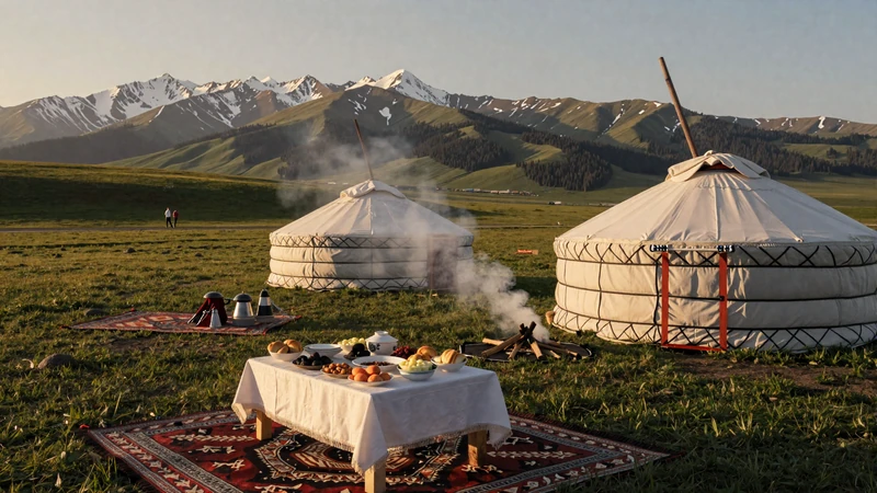 Traditional Kyrgyz yurt camp on a mountain jailoo with food spread and kumyz representing Kyrgyz dating culture traditions