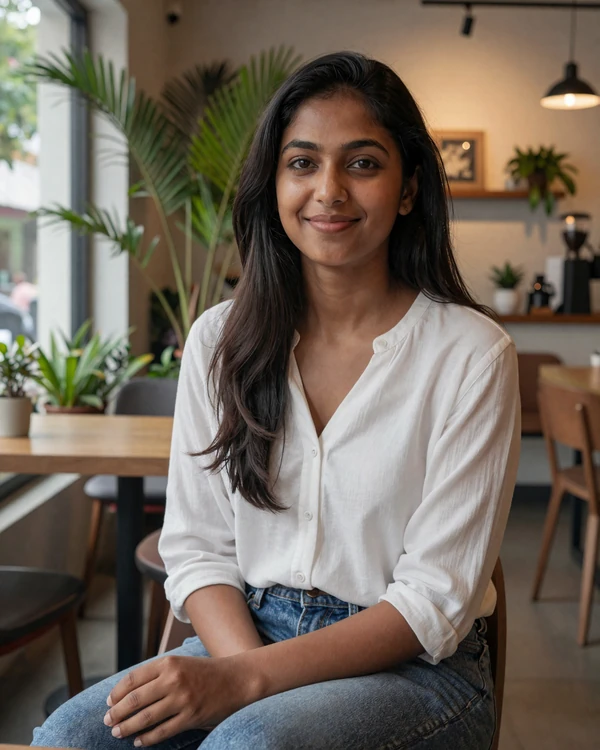 Sri Lankan woman in a cozy cafe in Colombo wearing casual blouse for Sri Lanka dating