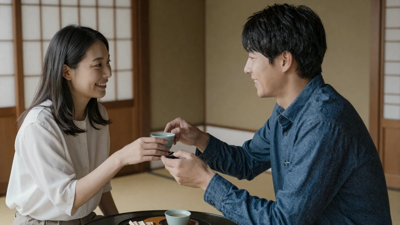 Western man and East Asian woman sharing tea in traditional Japanese setting cross-cultural dating
