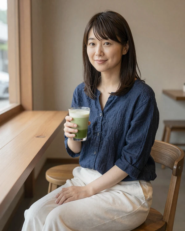 Japanese woman in a cozy cafe in Tokyo wearing casual linen blouse for Japan dating