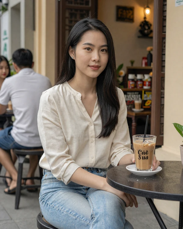 Vietnamese woman enjoying coffee at a sidewalk cafe in Hanoi Old Quarter for Vietnam dating
