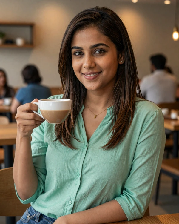 Indian woman enjoying chai in a modern Mumbai cafe for India dating