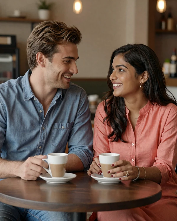 Western man and Indian woman sharing chai at a cafe representing successful Indian women dating