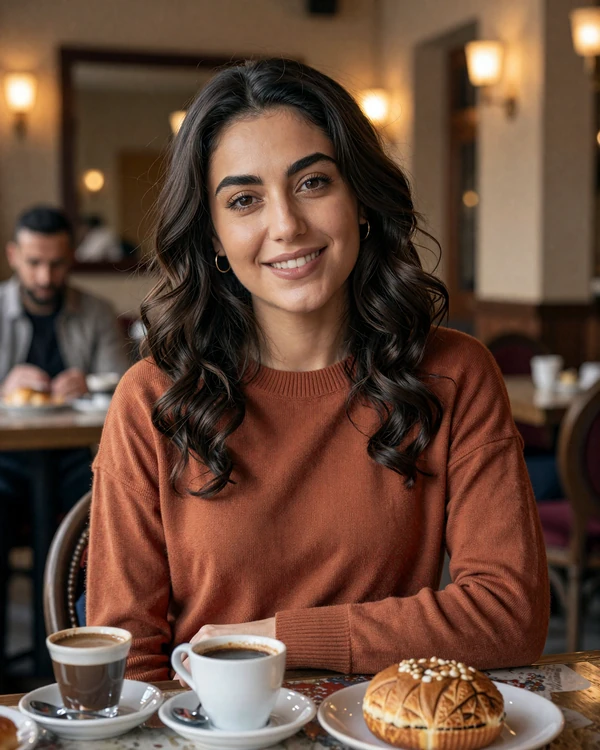 Armenian woman enjoying coffee at a cozy Yerevan cafe representing Armenian women dating culture