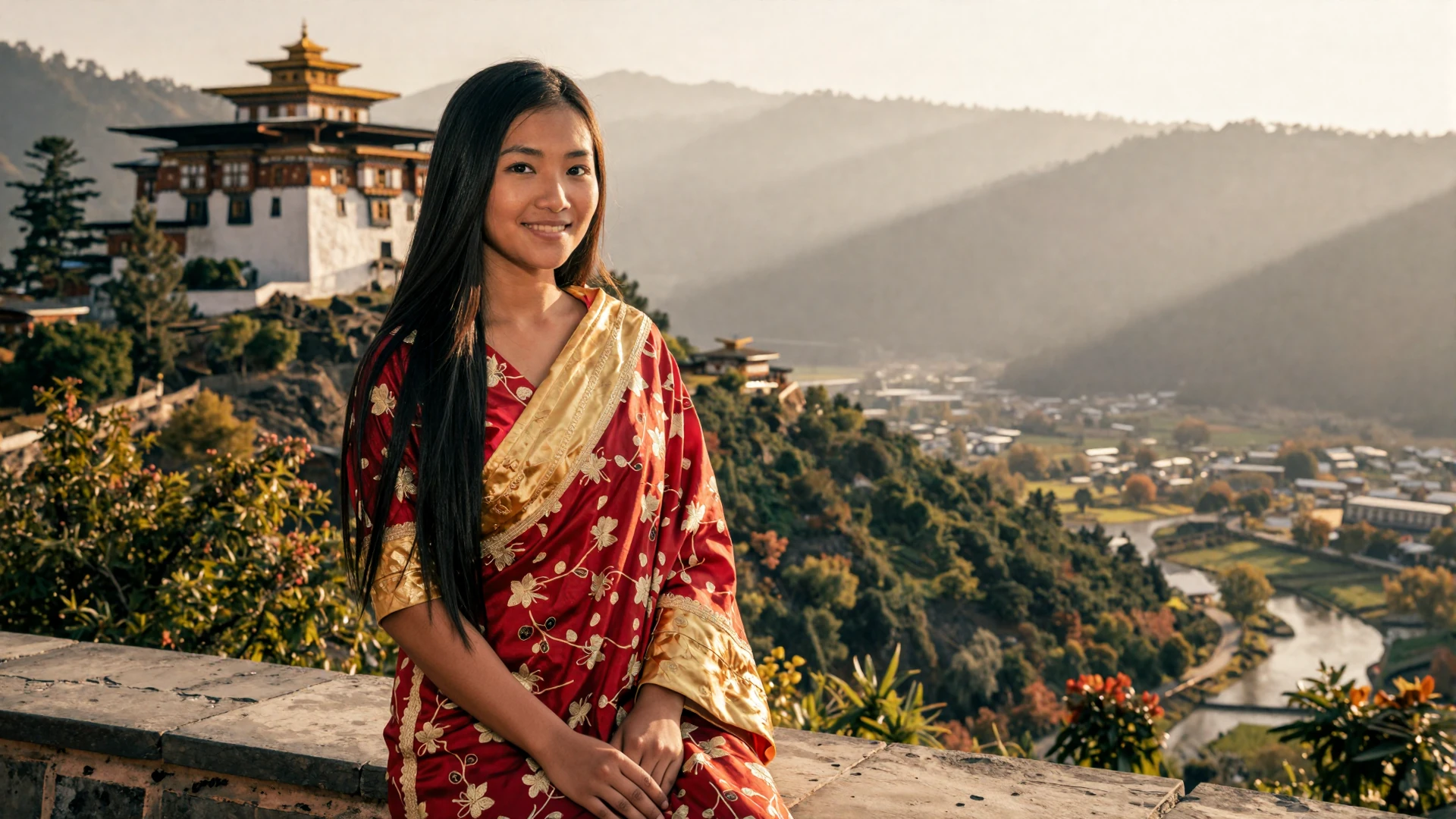 Beautiful Bhutanese woman in traditional kira dress with Himalayan mountains in background for Bhutanese women dating