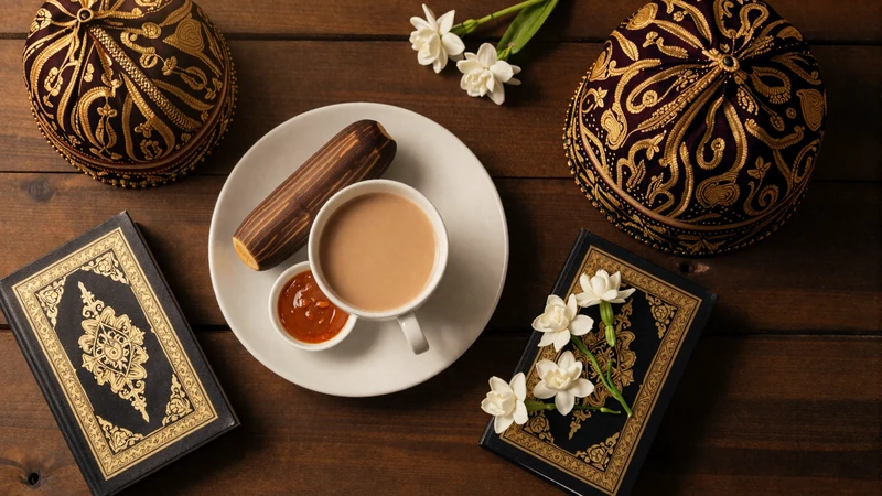 Traditional Bruneian cultural items including teh tarik ambuyat and a songkok representing Brunei dating traditions and heritage