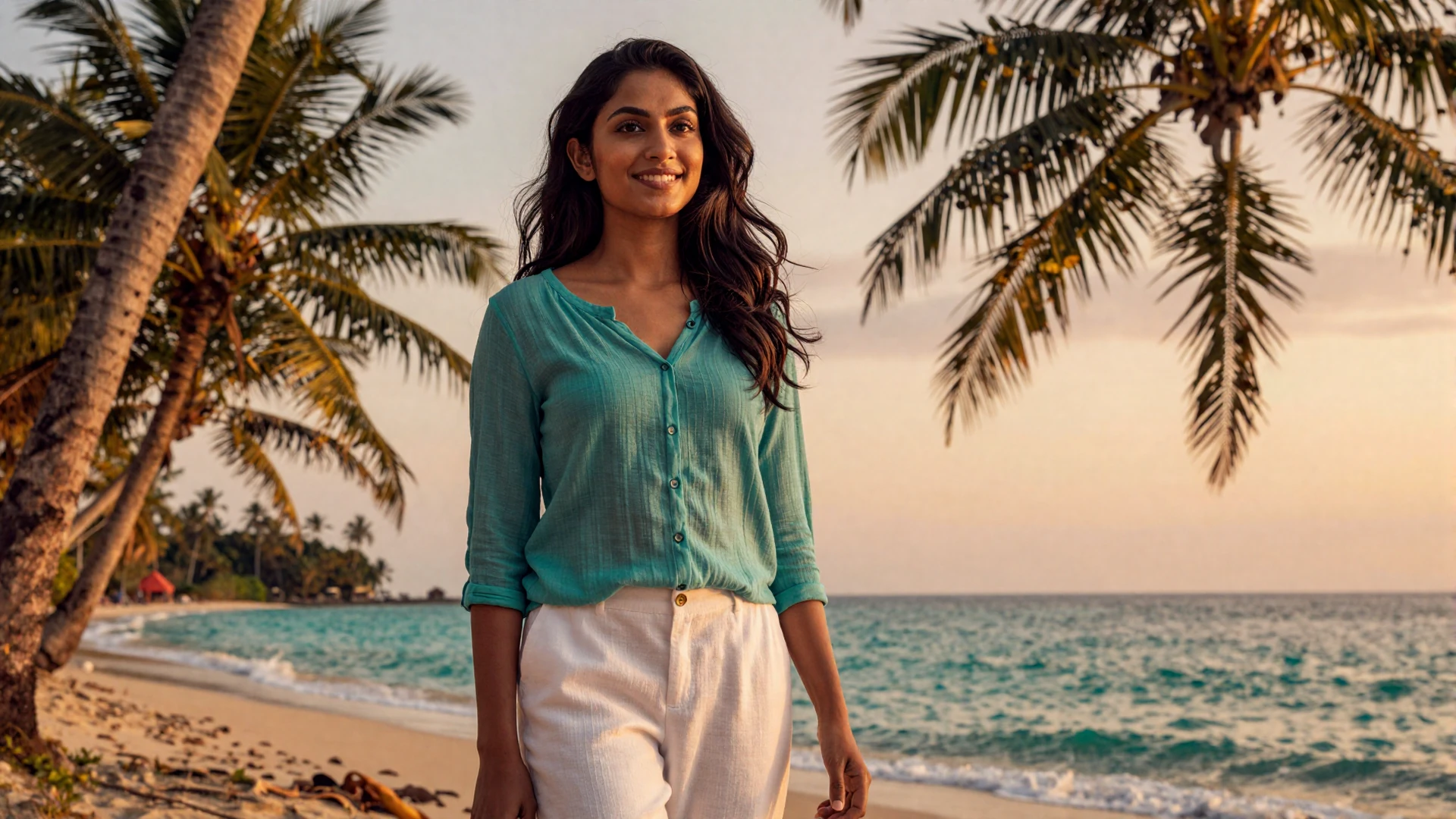 Beautiful Sri Lankan woman smiling on a tropical beach at golden hour for Sri Lankan women dating