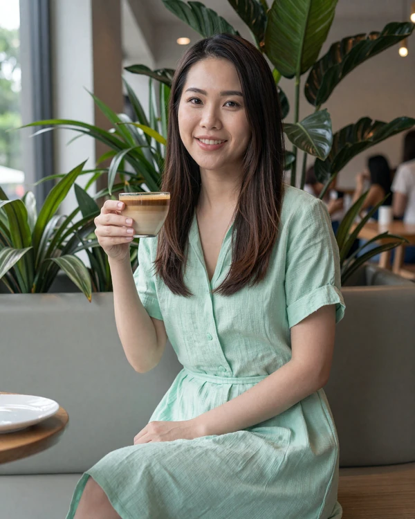 Singaporean woman enjoying kopi at a modern Singapore cafe representing Singaporean women dating culture