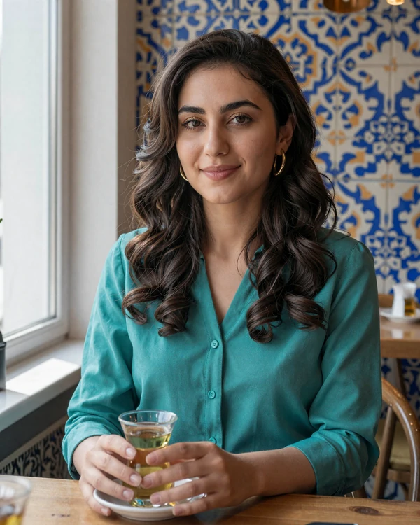 Uzbek woman enjoying green tea at a cafe in Tashkent representing Uzbek women dating culture