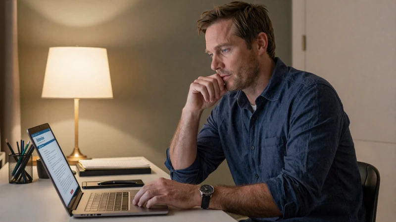 Western man carefully reviewing a dating profile on his laptop for online dating safety