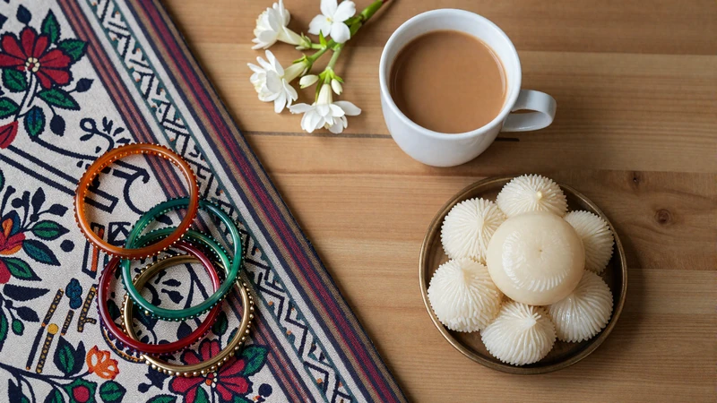 Bangladeshi cultural items including bangles cha tea jamdani fabric and pitha representing Bengali dating traditions