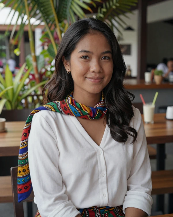 Timorese woman enjoying an outdoor cafe in Dili wearing tais textile scarf representing East Timor dating culture