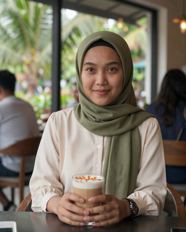 Bruneian woman enjoying teh tarik at a modern cafe in Bandar Seri Begawan representing Bruneian dating culture