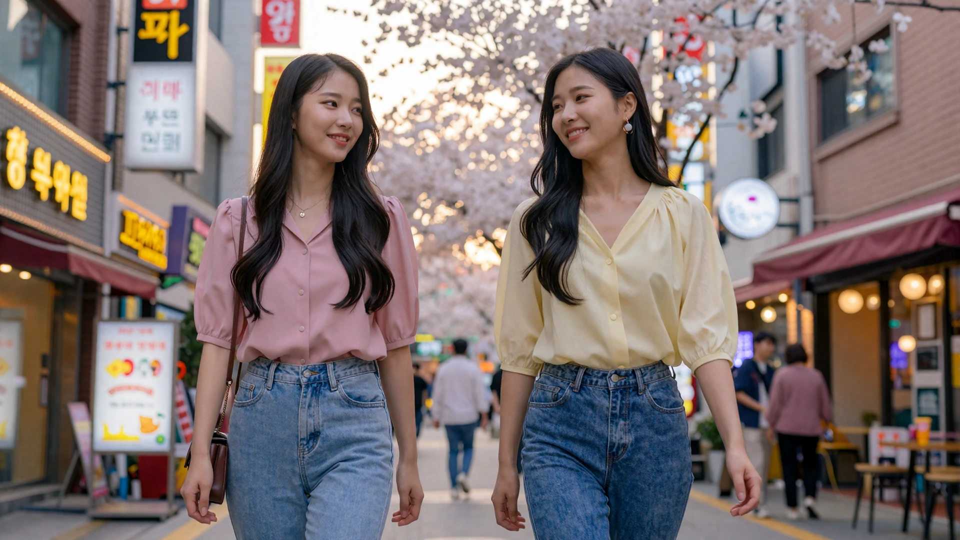 Beautiful Korean women walking through vibrant Seoul street with cherry blossoms for Korean women dating
