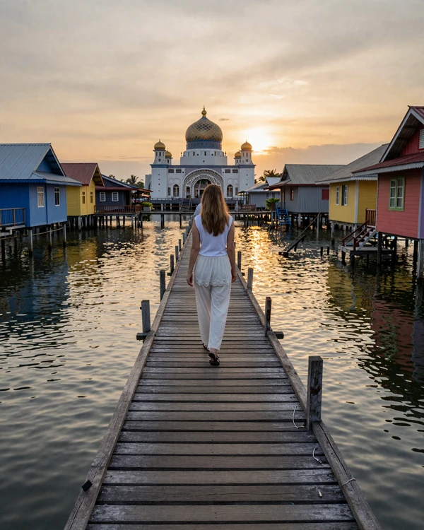 Western man and Bruneian woman exploring Kampong Ayer water village in Brunei representing cross-cultural Bruneian dating