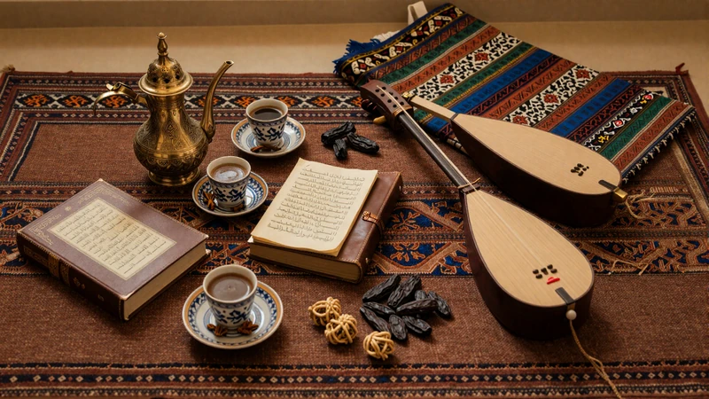 Traditional Yemeni cultural items including brass coffee pot Arabic poetry book frankincense and embroidered fabric representing Yemeni dating traditions