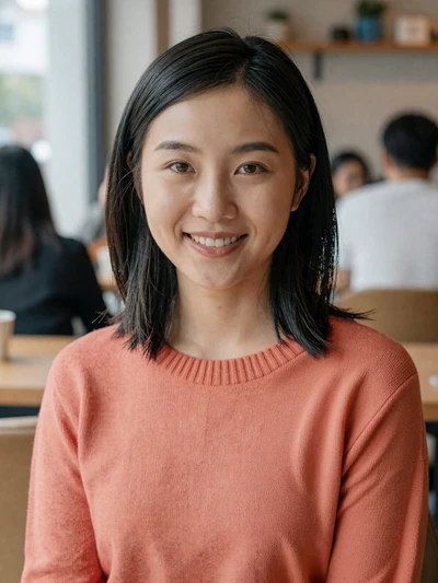 Mei Lin, 27, Chinese woman smiling in cafe - asian women dating profile