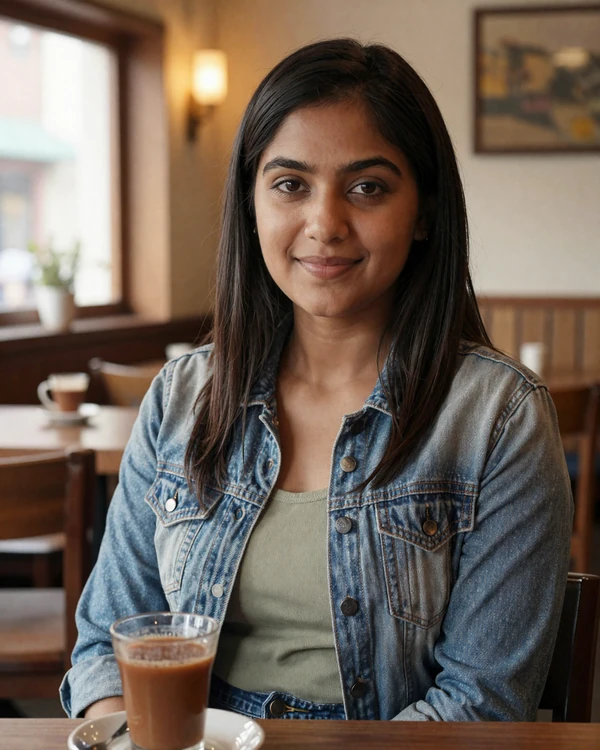 Nepali woman in a cozy cafe in Kathmandu wearing casual clothes for Nepal dating