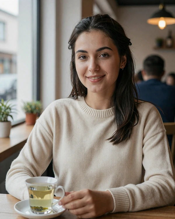 Tajik woman enjoying tea at a cozy cafe representing Tajik women dating culture and warmth