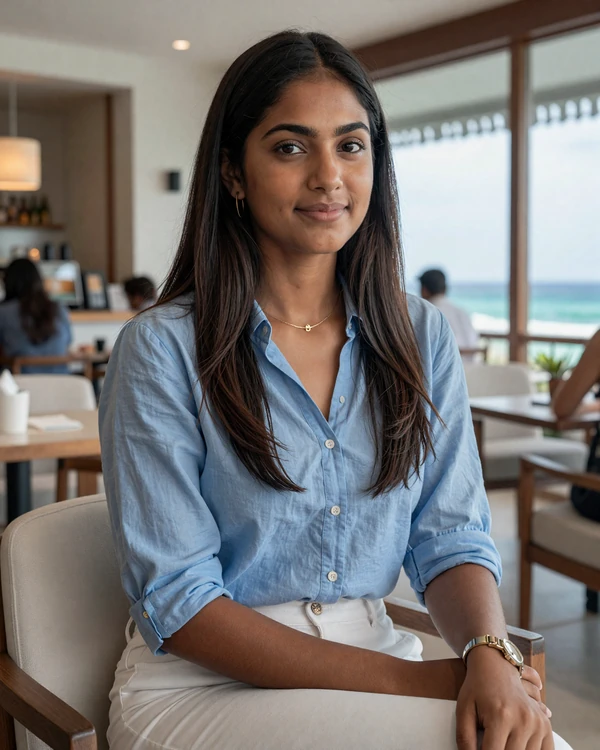 Maldivian woman in a beachside cafe in Malé wearing casual attire for Maldives dating