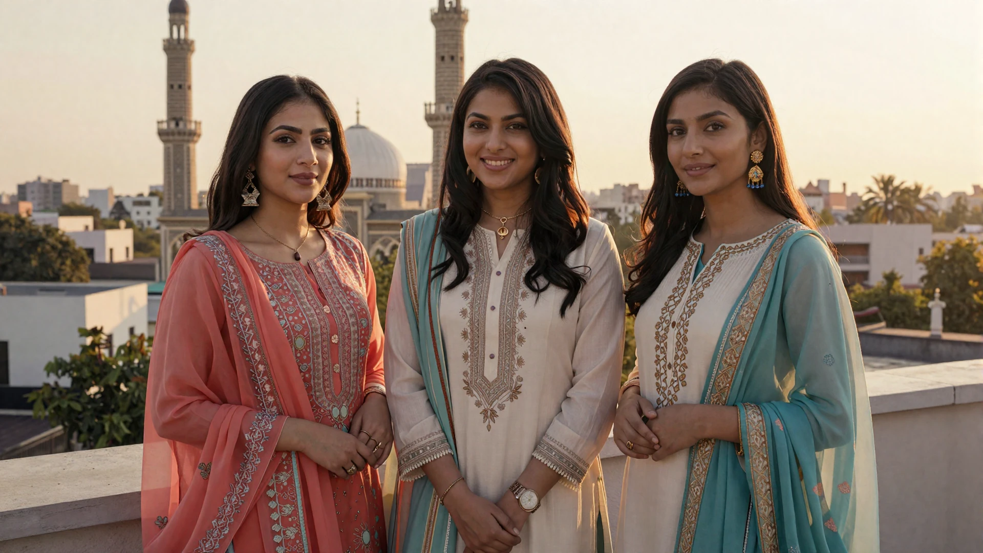 Beautiful Pakistani women smiling on a sunlit terrace in Lahore for Pakistani women dating