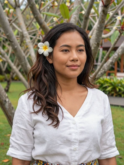 Dewi, 29, Balinese woman in tropical garden in Denpasar - meet Indonesian singles