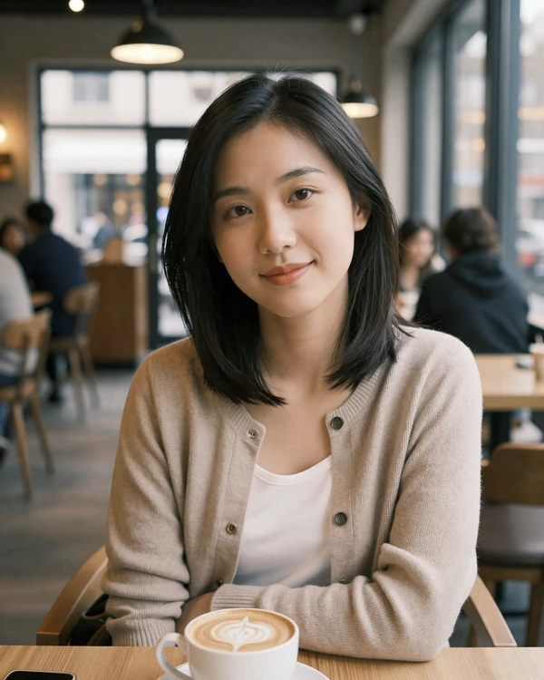 Chinese woman in a cozy Beijing cafe wearing casual cardigan for China dating