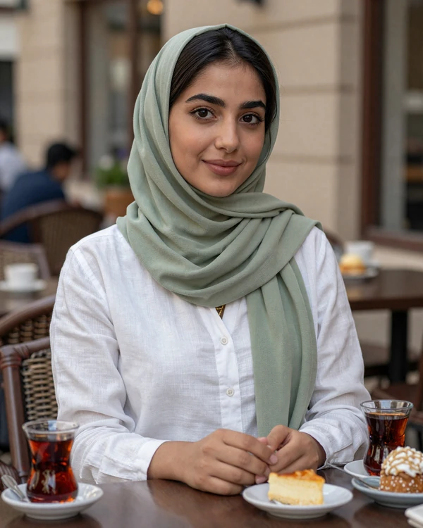 Yemeni woman enjoying tea at an outdoor cafe representing Yemeni women dating culture and Arabian hospitality