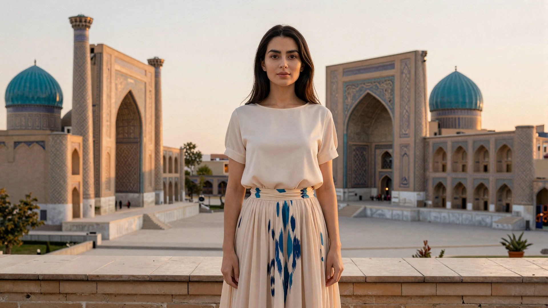 Beautiful Uzbek woman smiling on a sunlit terrace in Samarkand for Uzbek women dating on LoveZoneTip