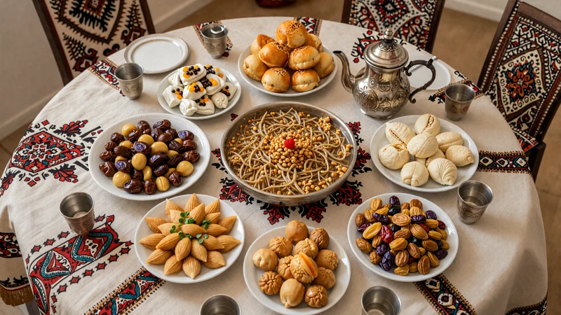 Traditional Kazakh dastarkhan feast table with beshbarmak baursak and dried fruits representing Kazakh dating culture hospitality