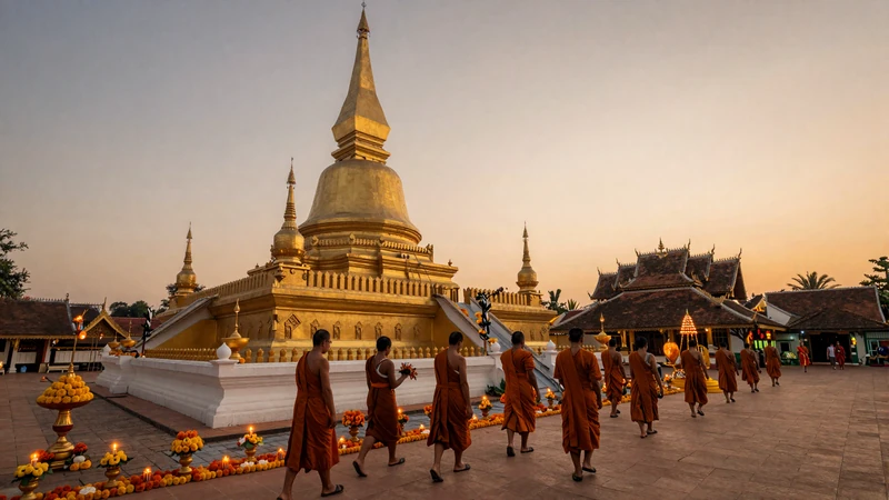 Golden That Luang stupa in Vientiane at sunset with monks in procession representing Lao cultural traditions and dating customs
