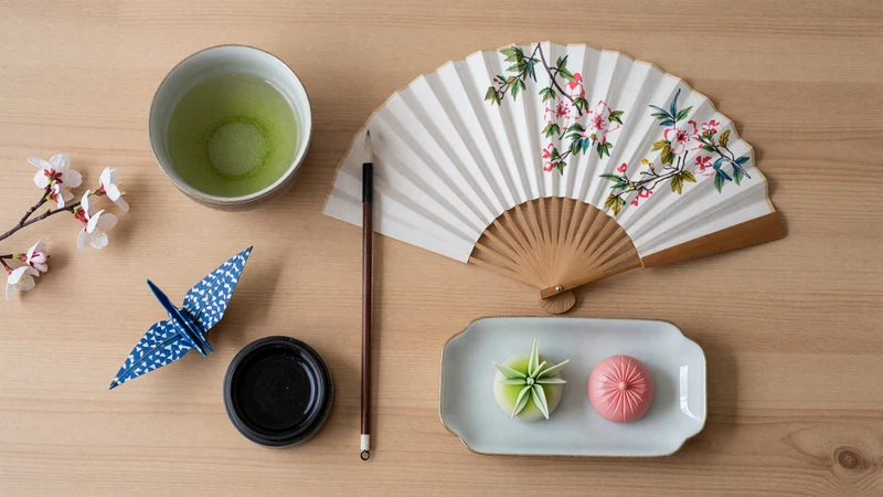 Japanese cultural items including matcha tea cherry blossoms origami and calligraphy representing Japanese dating traditions
